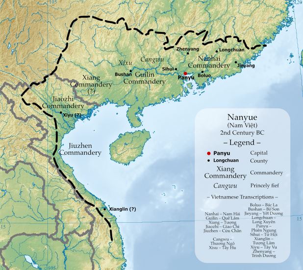 A map of commanderies and known counties of Nanyue.