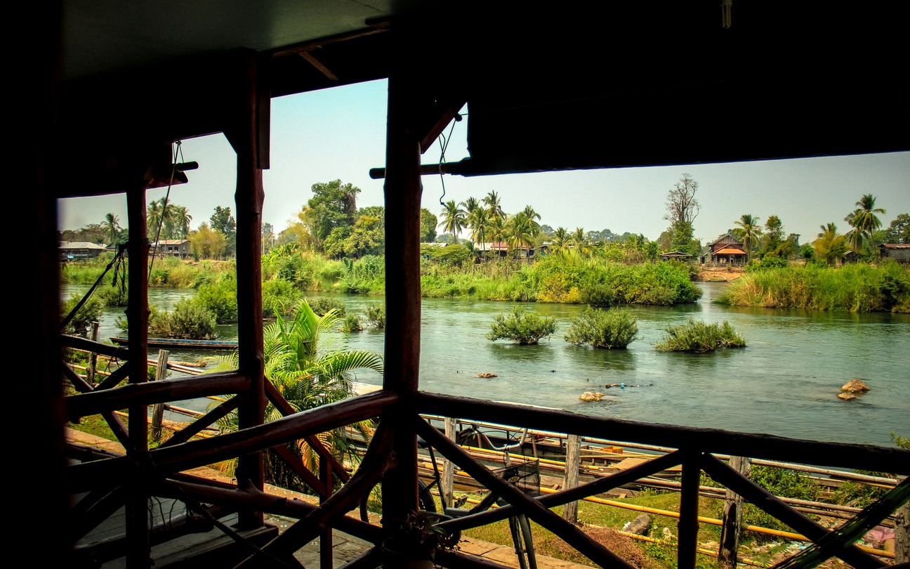 Silhouette from a bungalow looking out on to the 4000 Islands of Laos