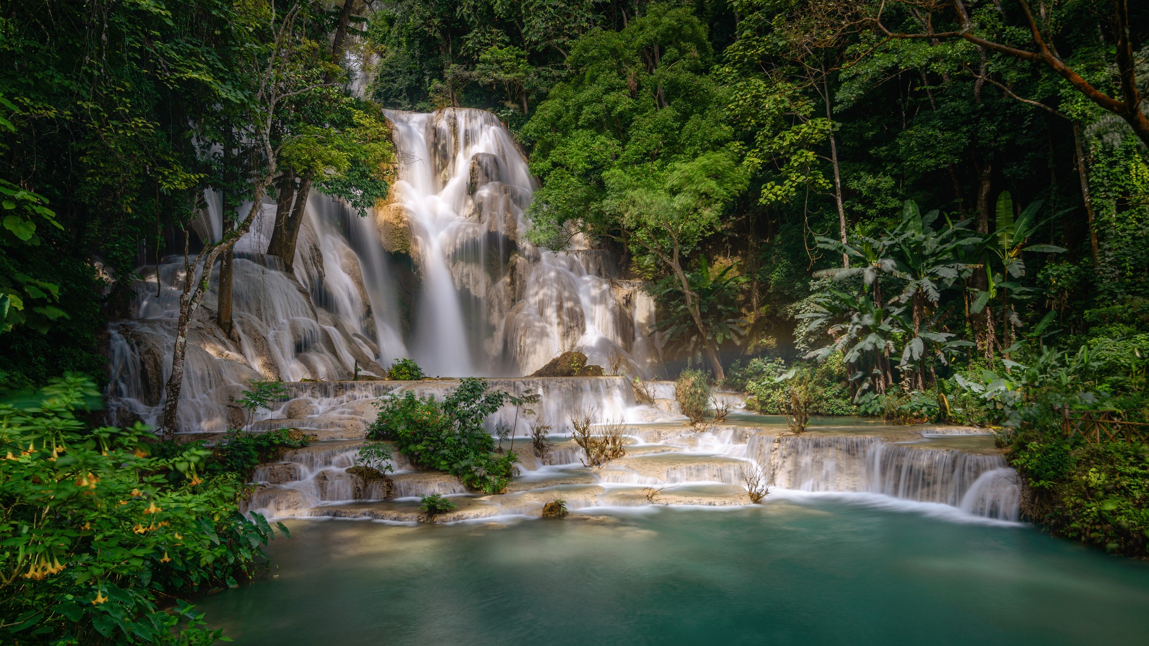 Long-exposure scene of Kuangsi Waterfall (Tat Kuang si) in Luang Prabang, Laos.