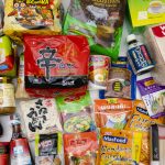 Top down view of various products from Asian grocery